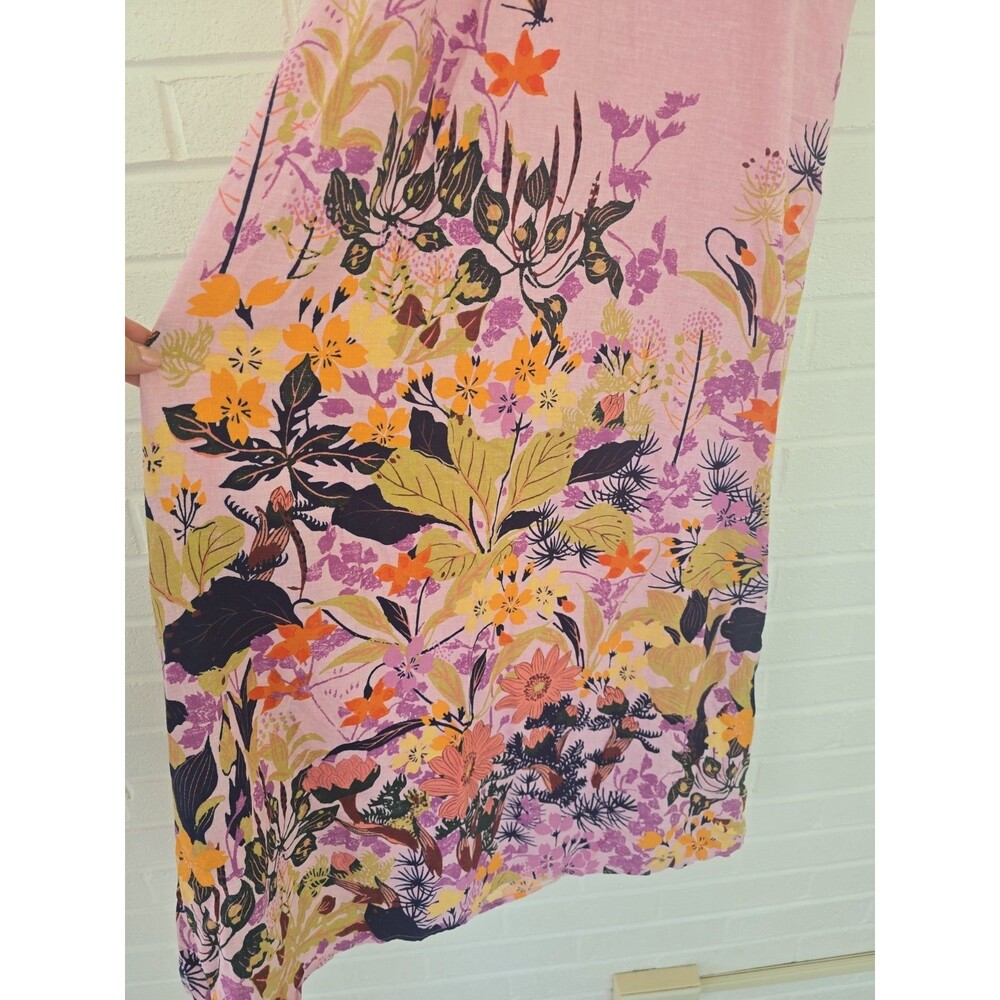 ANTHROPOLOGIE V-Neck Ruffle Linen Viscose Dress Size Large Pink Blue Floral - Picture 7 of 12